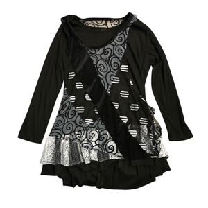 FANTAZIA Black Artsy XL Gray Top Stitch & Insert Boho Ruffle Hem Art To Wear